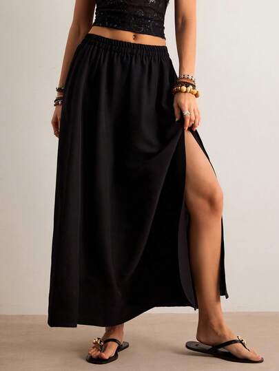 Freevana Women's Solid Color Elastic Waist Side Slit Hem Casual Skirt Summer Skirts For Women
