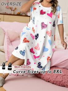 SHEIN CURVE+ Curve Plus Red Heart-Shaped Printed Long Dress, Valentine's Day - Multicolor - View 4
