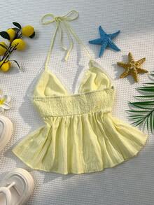 Sunnyshic Yellow Jacquard Striped 100% Cotton Fabric With White Lace Patchwork, Rose Decor V-Neck Halter Backless A-Line Ruffle Hem Tank Top, Women's Spring/Summer Vacation Beach Elegant Sweet Cute Retro Versatile Casual Date - Yellow - View 2