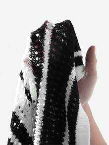 Manfinity LEGND 男士条纹圆领短袖休闲镂空针织上衣 - 黑色 - 查看 6