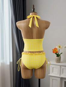 Swim Vcay Summer Women's Tankinis 2-Piece Set, Coffee Plaid Print Ruffle Halter Neck Tie Top, Drawstring Ruched Bikini Bottom Swimsuit - Yellow - View 2