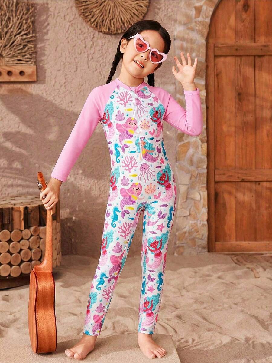SHEIN 1 bộ đồ bơi liền thân dài tay in hình nàng tiên cá cho bé gái - Hồng - Xem 1