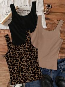 SHEIN EZwear Set de 3 camisetas de tirantes de cuello redondo casuales para mujer, versátiles para el verano - Multicolor - Ver 2