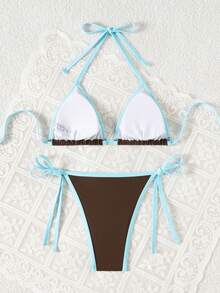 Swim Mod Bộ bikini gợi cảm buộc dây cổ phối màu tương phản dành cho nữ, thích hợp mặc đi biển mùa hè. - màu nâu - Xem 3