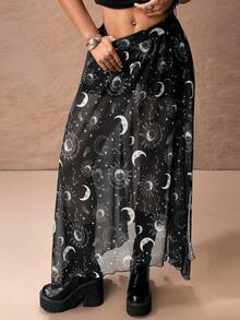 ROMWE PETITE 女士复古嬉皮女巫月亮星星印花高开衩不对称下摆半身裙 - 黑色 - 查看 6