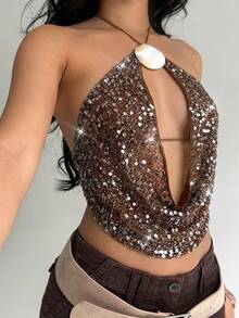 Aloruh Khaki, Brown, Apricot Halter Metallic Sequin Mesh Backless Sexy Knit Camisole Top, Vacation Wear Sexy Halter Top Sparkly Top Sequin Top - Khaki - View 2