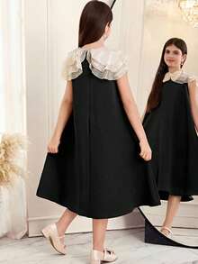 SHEIN 少女撞色荷叶边下摆休闲连衣裙 - 黑色 - 查看 6
