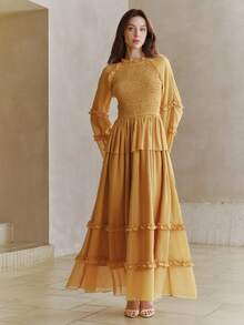 Anewsta Neues Sommer Urlaubsoutfit, einfarbiges Kleid mit rundem Ausschnitt, geraffter Taille, weiten Ärmeln und fließendem, elegantem Schnitt für Frauen - Gelb - Übersicht 3