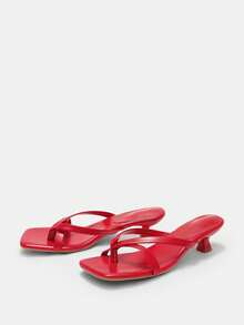 Sandalias de mujer de verano con punta cuadrada, chanclas con tacón de gatito, sandalias planas versátiles de dedo - Rojo - Ver 3