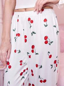 Bonmuse 女士白色樱花印花睡裤 - 柔软休闲家居裤，红色樱花和绿色叶子图案，弹性腰带，可机洗，夏季穿着下装，方便舒适 - 白色 - 查看 9