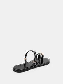 Bholvia 黑色雙帶女夏日涼鞋，新品上市，時尚百搭，平底，開放式腳趾，完美適合海灘、街頭風格 - 黑色 - 查看 9
