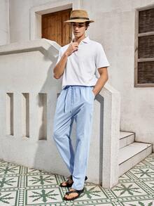 Mercer Haus Men's Breathable Thin Linen Loose Casual Sports Pants, Suitable For Beach, Spring/Summer , Suitable For Summer Tropical Holiday Vacation In Hawaii. - Baby Blue - View 8