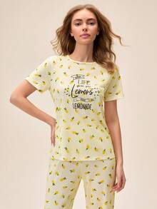 Loomlin Women Lemon Graphic Yellow Cute Pajama Sets, Chic, - Yellow - View 5