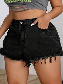 SHEIN CURVE+ Quần short denim đen rách dáng rộng dành cho nữ cỡ lớn, thích hợp mặc mùa hè. - màu đen - Xem 1