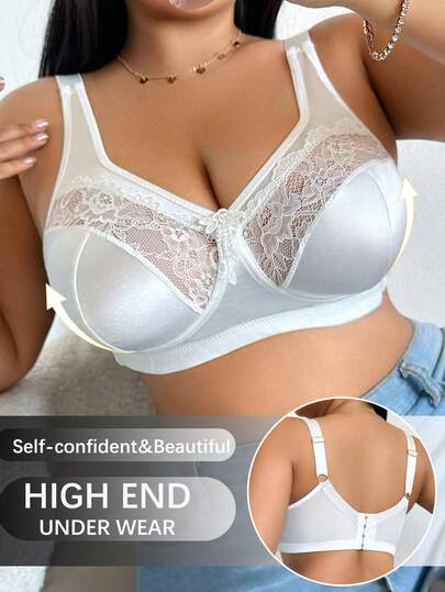 DesireSculpt 1pc Plus Size Lace Patchwork Wireless Bra