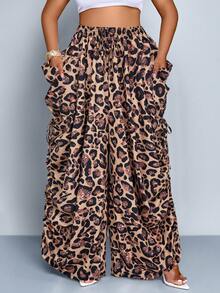 SOLERSUN Quần ống rộng dáng suông, cạp chun, họa tiết da báo, cỡ lớn, in hình báo đốm, kiểu dáng thoải mái, đa năng, thích hợp cho lễ hội âm nhạc. - màu nâu - Xem 3