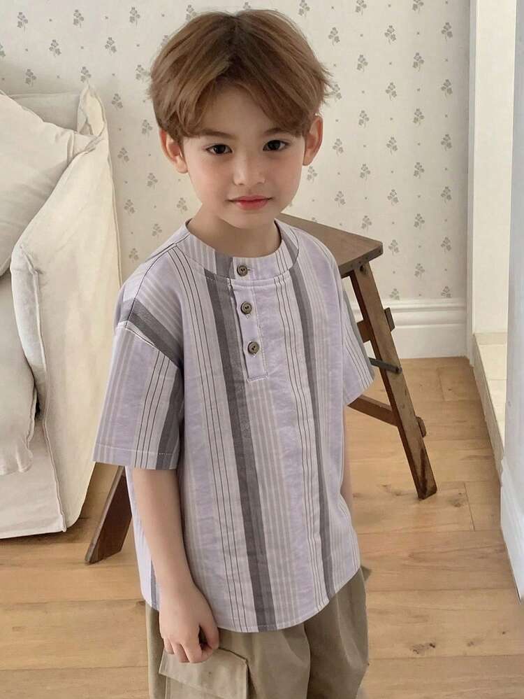 Young Boy Summer Casual Everyday Striped Button Decor Short Sleeve Shirt