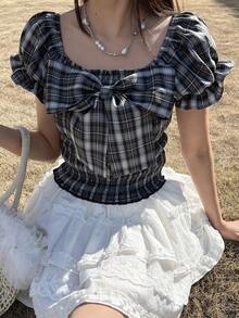 FRIFUL 女士格子印花蝴蝶结装饰方领休闲短袖衬衫可爱上衣 - 灰色 - 查看 7