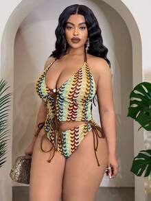 Slaydiva Áo bikini cỡ lớn dệt kim jacquard nhiều màu sắc, dây mảnh, cổ yếm buộc dây phía trước, khoét hở, gợi cảm, thời trang, hở lưng, thích hợp cho kỳ nghỉ biển. - Nhiều màu - Xem 5