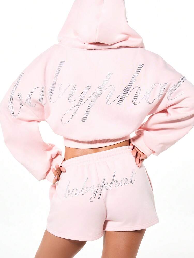 BABYPHAT Cropped Zip Through Sweatshirt With Rhinestone Text Details Hood Drawstring Pink Casual Winter