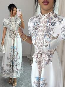 Selianne Vestido de mujer estilo palacio, vestido largo con estampado y cintura anudada con mangas francesas abullonadas, vestido elegante para mujer - Blanco - Ver 1