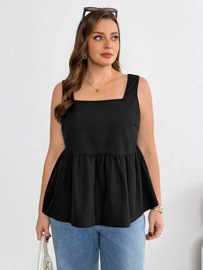 Shapeblank 大码女装春夏时尚休闲宽松舒适日常百搭显瘦黑色吊带娃娃衫，夏季服装，外出上衣，度假装，简约风格