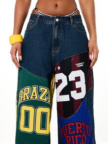 SUMWON WOMEN Quần jeans ống rộng dáng suông kiểu thể thao nhiều màu sắc dành cho nữ, in hình huy hiệu bóng đá đại học. - Màu xanh lam - Xem 4