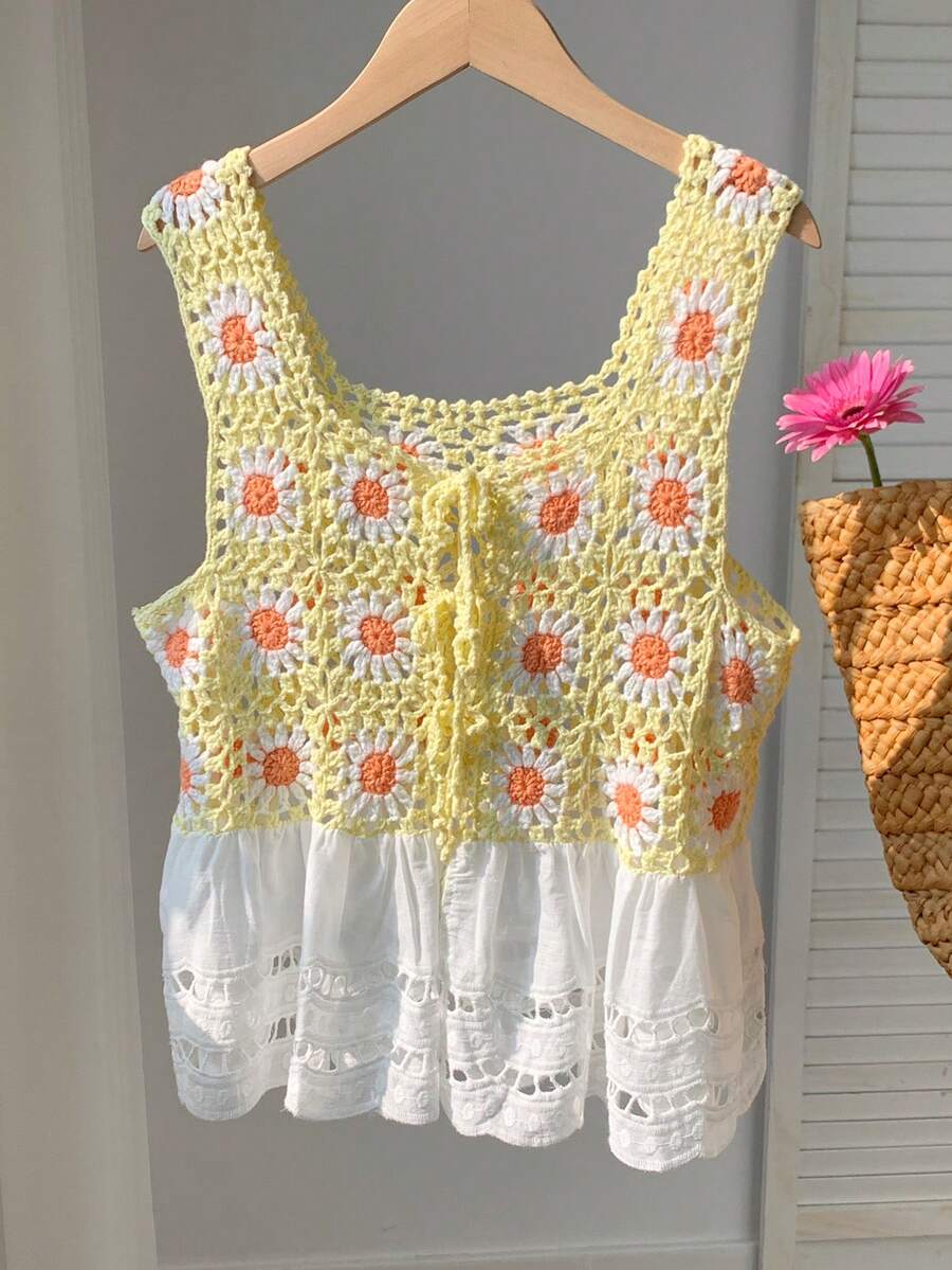 Comfortcana Multi-Color Crochet Floral Patchwork Ruffle Hem Front Tie Knit Vest - Multicolor - View 1