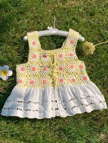 Comfortcana Multi-Color Crochet Floral Patchwork Ruffle Hem Front Tie Knit Vest - Multicolor - View 3