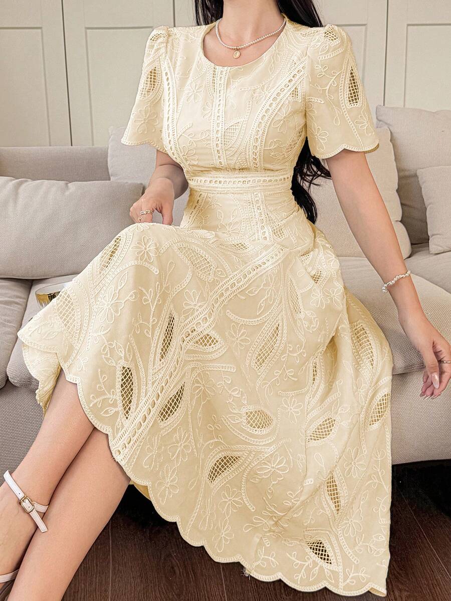 DAZY Vestido de verano de media longitud con cuello redondo, manga de pétalo y encaje floral elegante para mujer - Albaricoque - Ver 1