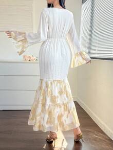 DAZY Women's Elegant Floral & Striped Patchwork V-Neck Flare Sleeve Mid-Length Dress, Spring/Summer Wedding Guest Dress Sundress - White - View 2