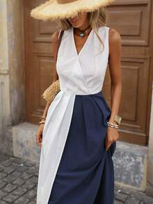Brillora Spring & Summer Sleeveless Woven Patchwork Dress For Women - Blue and White - View 5
