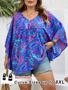 SHEIN CURVE+ Áo kiểu dáng ôm vừa vặn, size US22, thích hợp cho lễ hội âm nhạc, kỳ nghỉ bên bờ biển, phong cách Bohemia, cổ chữ V, tay bồng, dáng rộng, thích hợp cho kỳ nghỉ hè, áo kiểu Bohemia. - Nhiều màu - Xem 10