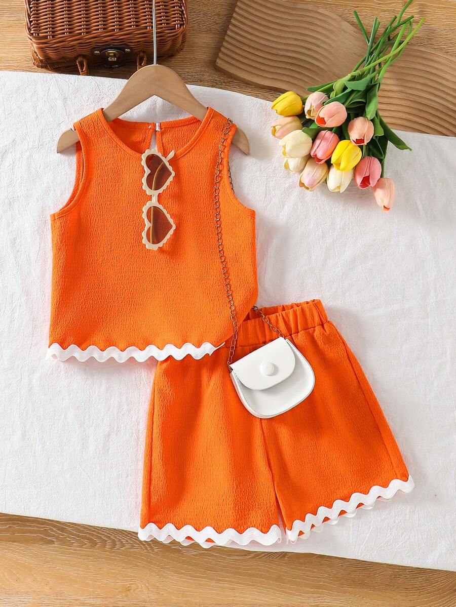 Genkimix Kids 女童纹理面料撞色下摆无袖上衣和休闲短裤T恤套装 - 橘色 - 查看 1