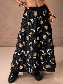 ROMWE PETITE Star & Moon Black Sleeveless Crop Top And Ruffle Hem Skirt 2-Piece Set For Women - Black - View 7