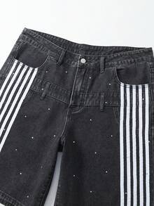 ROMWE MEN Men's Summer Casual Rhinestone Patchwork Striped Slant Pocket Denim Jeans - Black - View 5