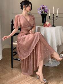 DAZY Đầm dài kiểu Pháp đính sequin, đầm dạ hội mùa hè. - Hồng - Xem 5