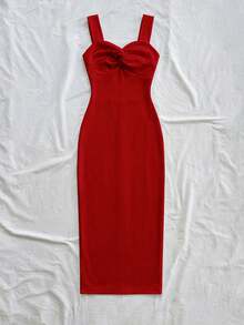 Soleia 休闲简约度假波西米亚风优雅浪漫复古红色连衣裙，适合情人节、音乐节、海滩、度假、夏季郊游，前扭结设计宽肩带修身中长连衣裙，女士 - 彩色 - 查看 2