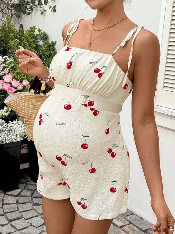 SHEIN Maternity Clothes Maternity Jumpsuit Summer Pregnant Clothes Apricot Cherry Jumpsuit For Comfortable Vacation Pregnant Women's Cherry Print Casual Jumpsuit