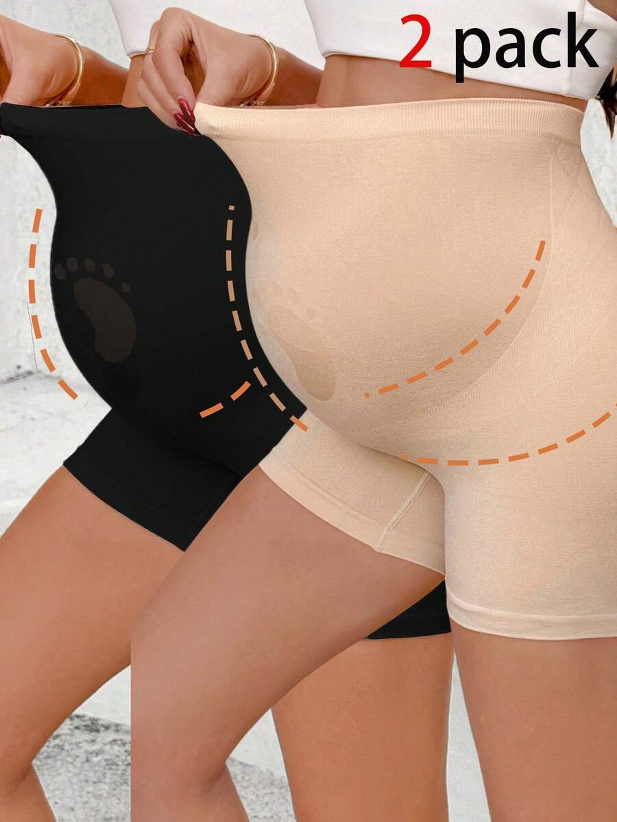 SHEIN Sommer Umstandsmode Umstandsmode Leggings Zweierpack, einfarbige lässige vielseitige Alltagsshorts, formende Shorts mit hoher Taille, nahtlose Shorts 2er Pack, nahtlos, super elastisch und nahtlose Umstandsleggings, Zweiteiler in Nude und Schwarz mit niedlichen Mustern. Formende Shorts, Shapewear Shorts mit hoher Taille, Body Shaper Kompressionsshorts 2er Pack Damen Shorts - Verschiedenfarbig - Übersicht 1