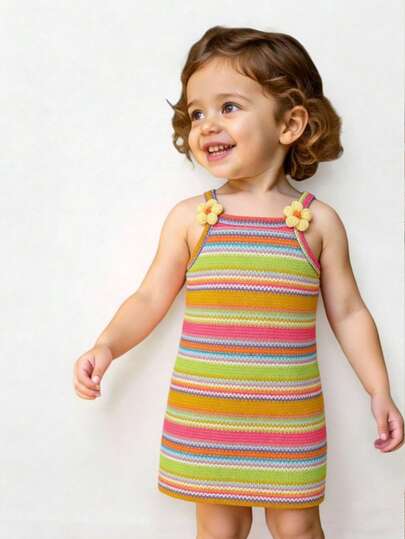 SHEIN Playful Pals Baby GirlSleeveless Casual Dress With Colorful Collar Floral Decor, Versatile For Daily Outings, Summer
