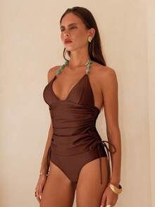 Bellisia Einfarbiges dreieckiges Trägertop mit geraffter Seite und Badeshorts, Frauen Strand Urlaub Bikini Set - Kaffeebraun - Übersicht 6