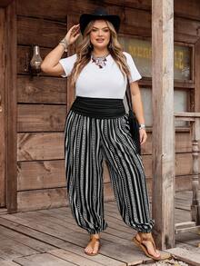 SHEIN CURVE+ Curve 尺码 US22 音乐节、海滨度假、波西米亚风女士条纹弹力腰宽松哈伦裤，休闲度假风 - 黑色 - 查看 7