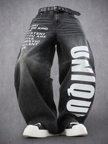 Manfinity EMRG Young Street Style Washed Straight Loose Fit Letter Slogan Print Jeans, Spring/Summer - Black - View 1