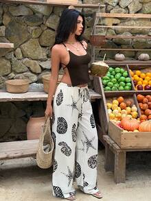 Aloruh 女士休闲低腰系带热带海洋印花阔腿裤 - 彩色 - 查看 8