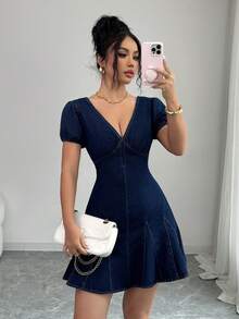 Elenzga 女士夏季休闲花瓣袖收腰牛仔连衣裙 - 深色水洗藍 - 查看 5