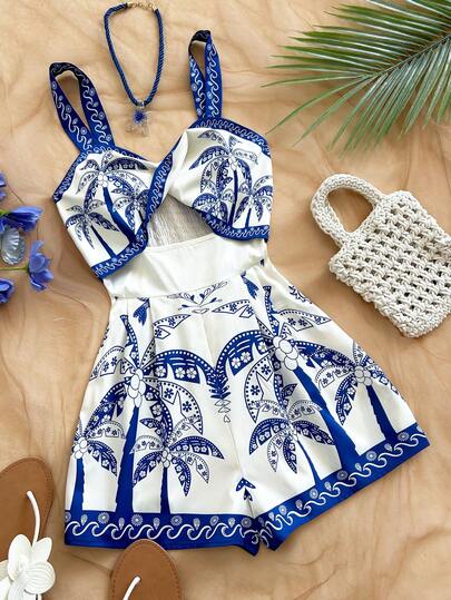 Soleia ชุดจั๊มสูทพิมพ์ลายต้นมะพร้าวแบบกลวงสำหรับวันหยุดฤดูร้อนของผู้หญิง