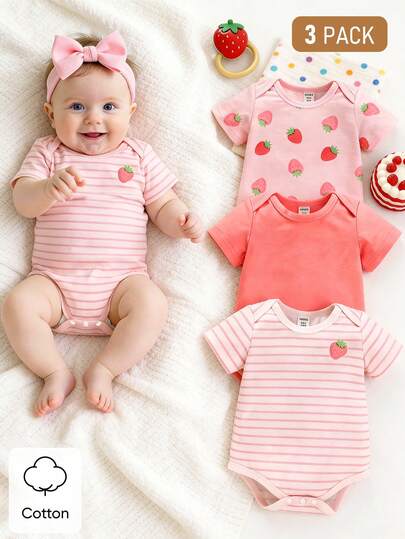 3pcs Newborn Baby Strawberry Print Short Sleeve Romper Set, Spring/Summer