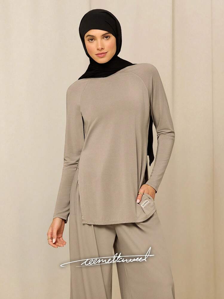 GLOWMODE X Reem Modest Tencel™ Modal All-Day Ease Silky-Soft Smooth Stretchy Lightweight Side-Split Hem Mid-Length T-Shirt Daily Casual Wear