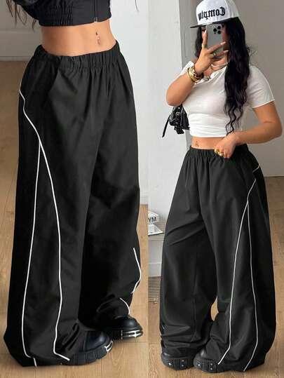Coolane Summer Outfits Women's Plus Size , Streetwear Y2k Chic  Elastic Waist Color Block Straight Loose Casual Pants